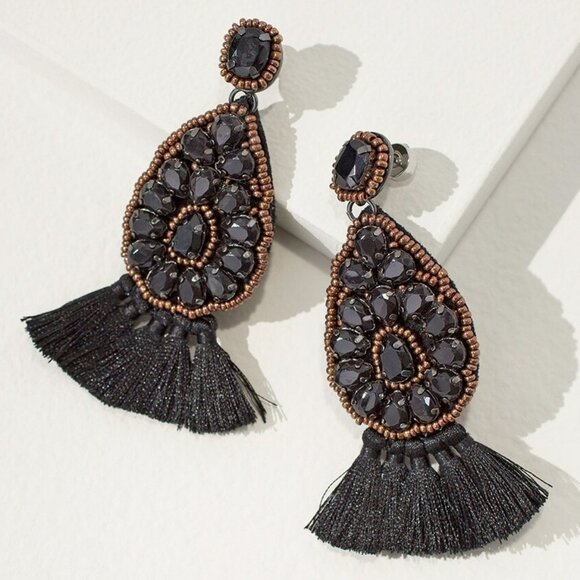 NWT Chico's Black Beaded Fringe Drop Earrings OS - Picture 1 of 10